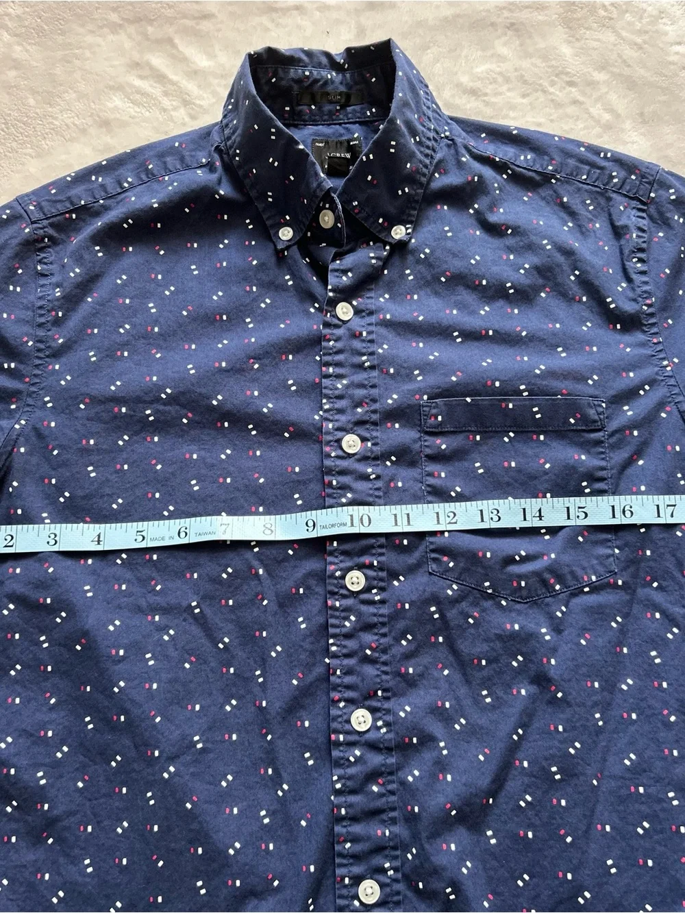 J. Crew Slim Fit Navy Short-Sleeve Button-Down with Red White Blue Micro Dots